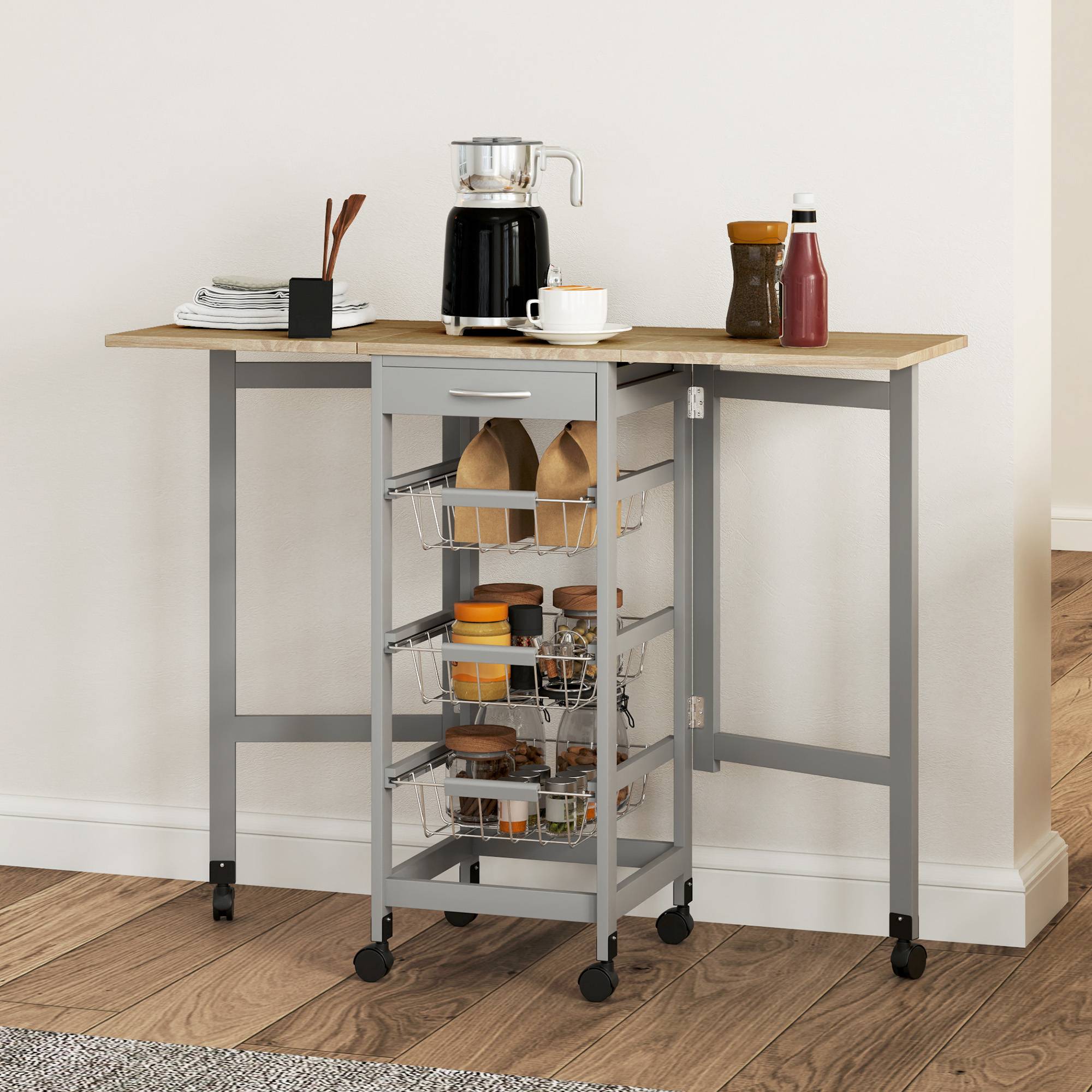 Sans Marque - Chariot cuisine 3 paniers tiroir 2 rabats bois métal 37x37x77,5 cm gris chêne - Image 4