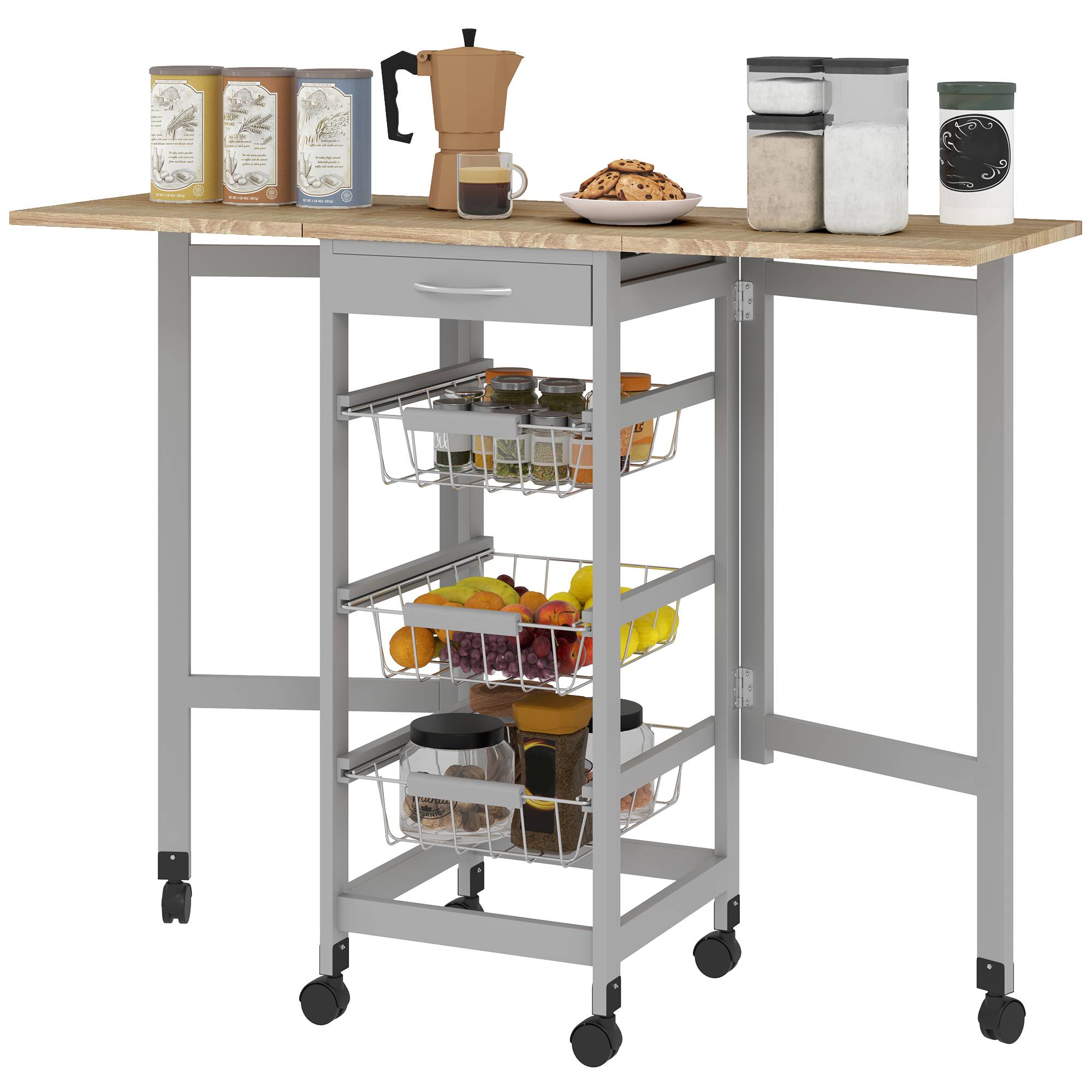 Sans Marque - Chariot cuisine 3 paniers tiroir 2 rabats bois métal 37x37x77,5 cm gris chêne - Image 2