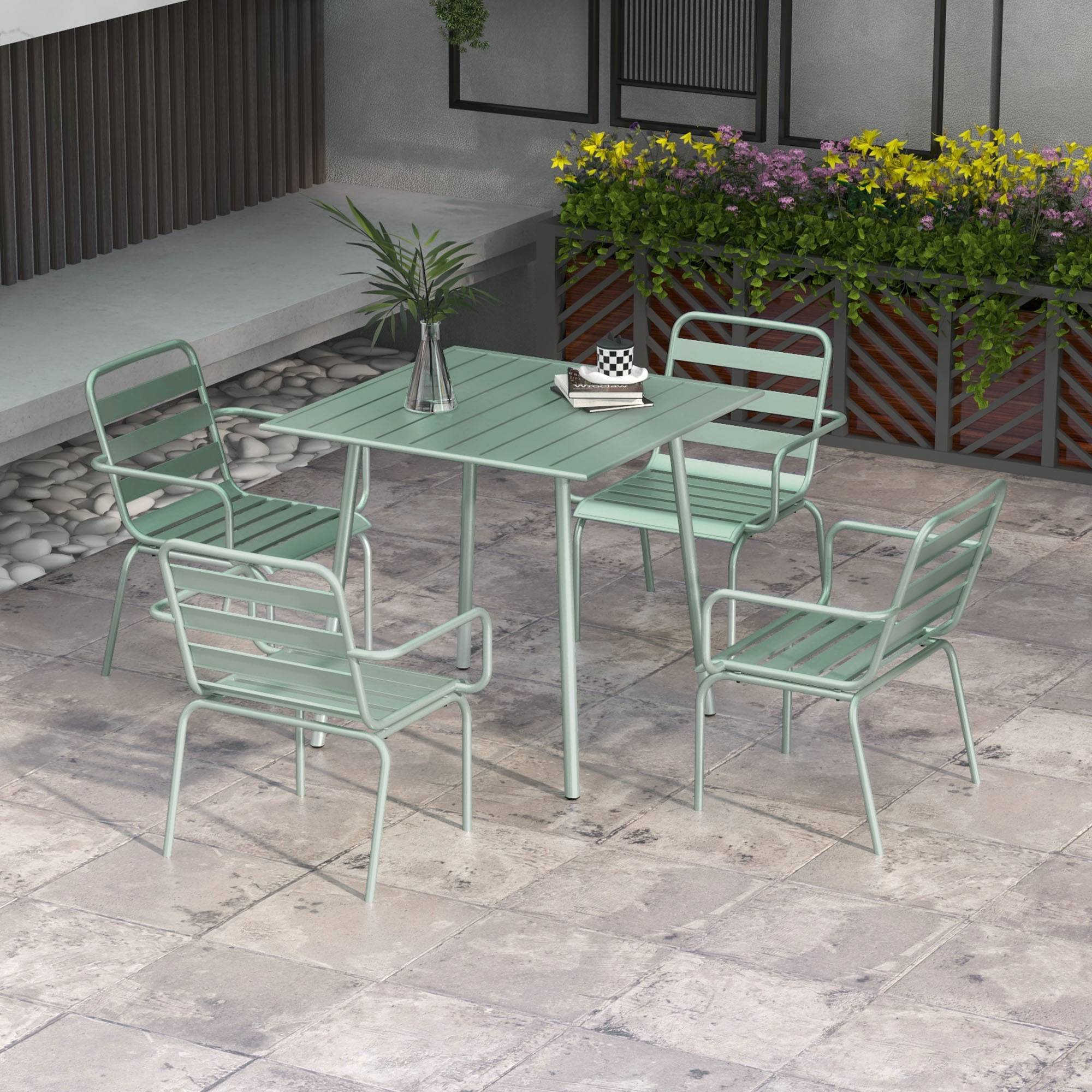 Outsunny - Salon de jardin 4 places 5 pièces - table à manger 4 chaises empilables - acier thermolaqué vert de gris - Outsunny - Imagen 2