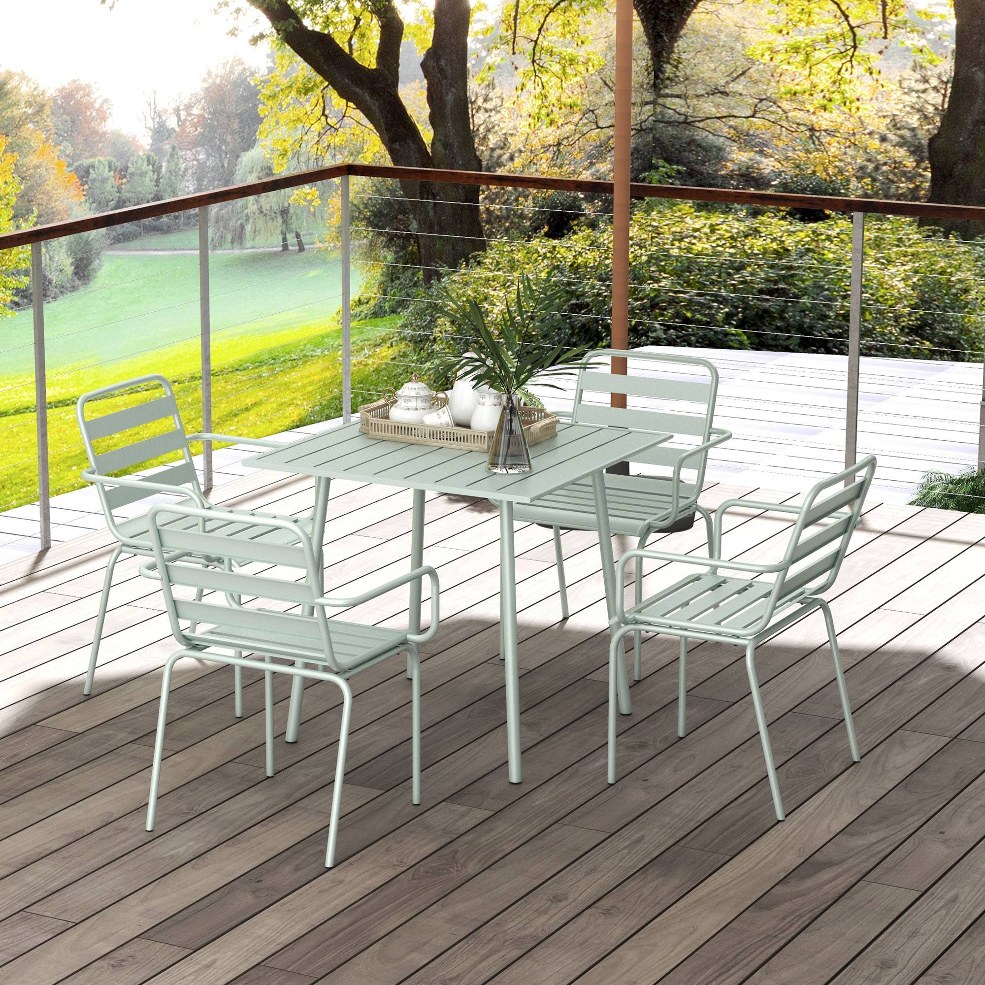 Outsunny - Salon de jardin 4 places 5 pièces - table à manger 4 chaises empilables - acier thermolaqué vert de gris - Outsunny - Imagen 4