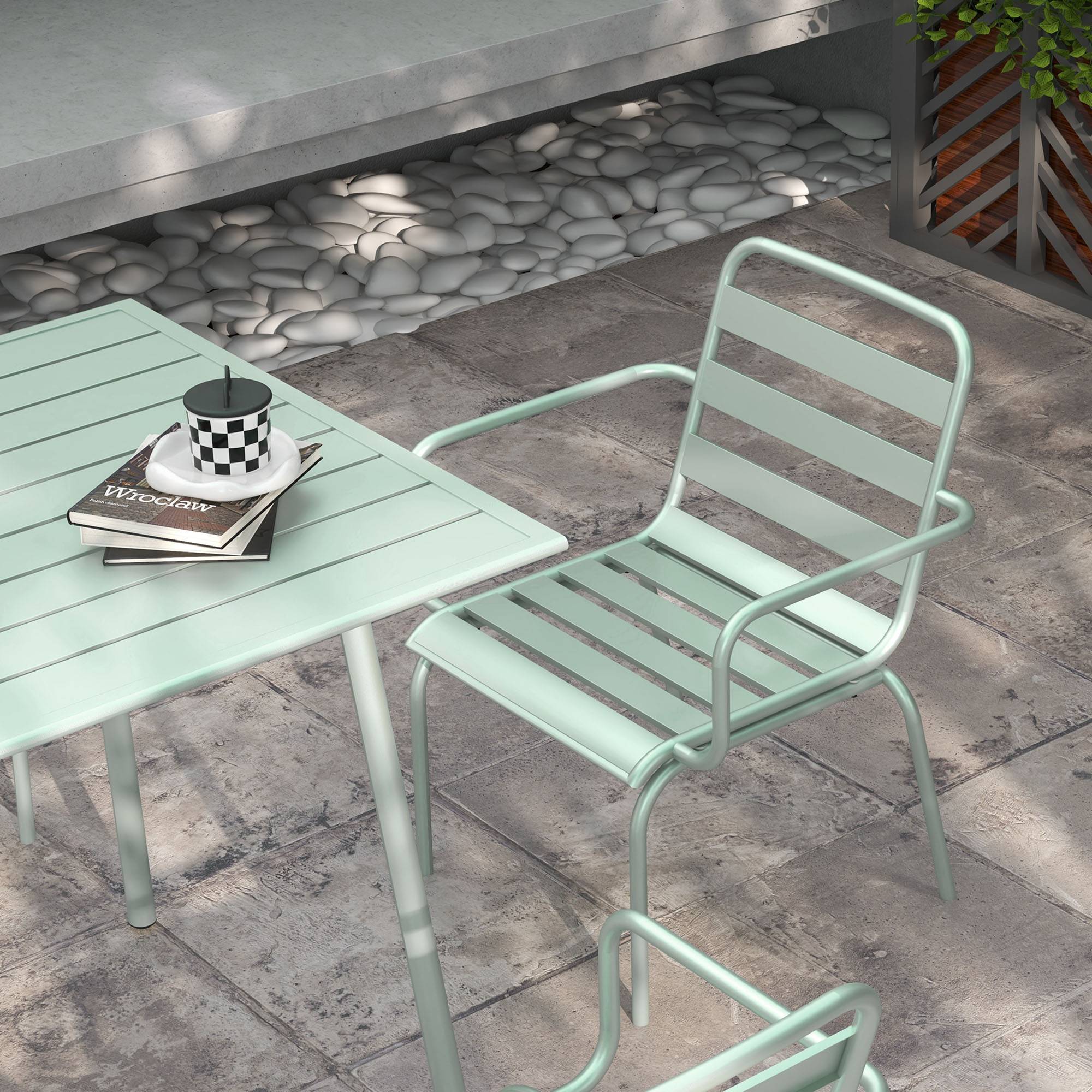 Outsunny - Salon de jardin 4 places 5 pièces - table à manger 4 chaises empilables - acier thermolaqué vert de gris - Outsunny - Imagen 5