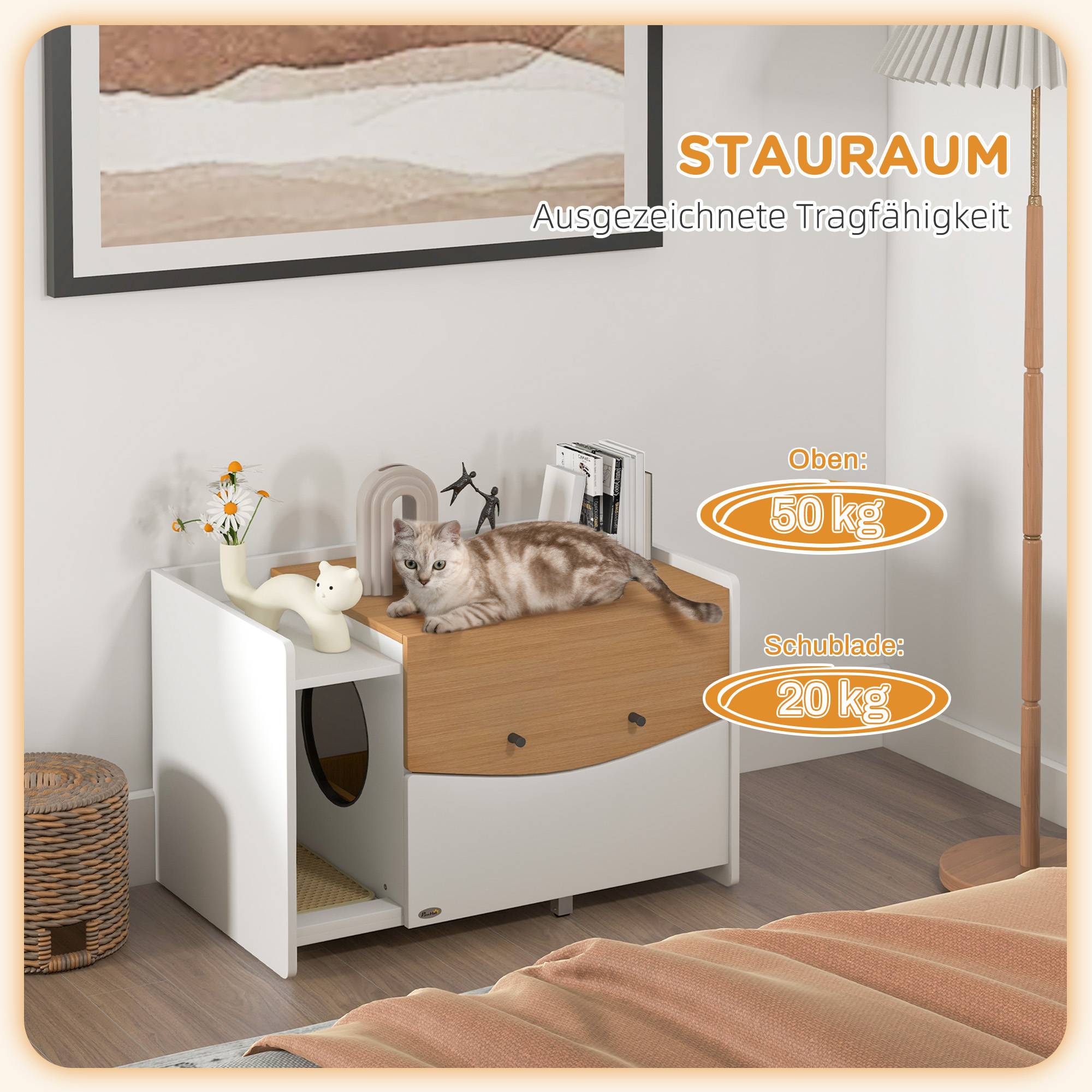 Meuble pour litière chat particules de bois blanc et chêne 78 x 50 x 51 cm - PANGIVO - Image 7