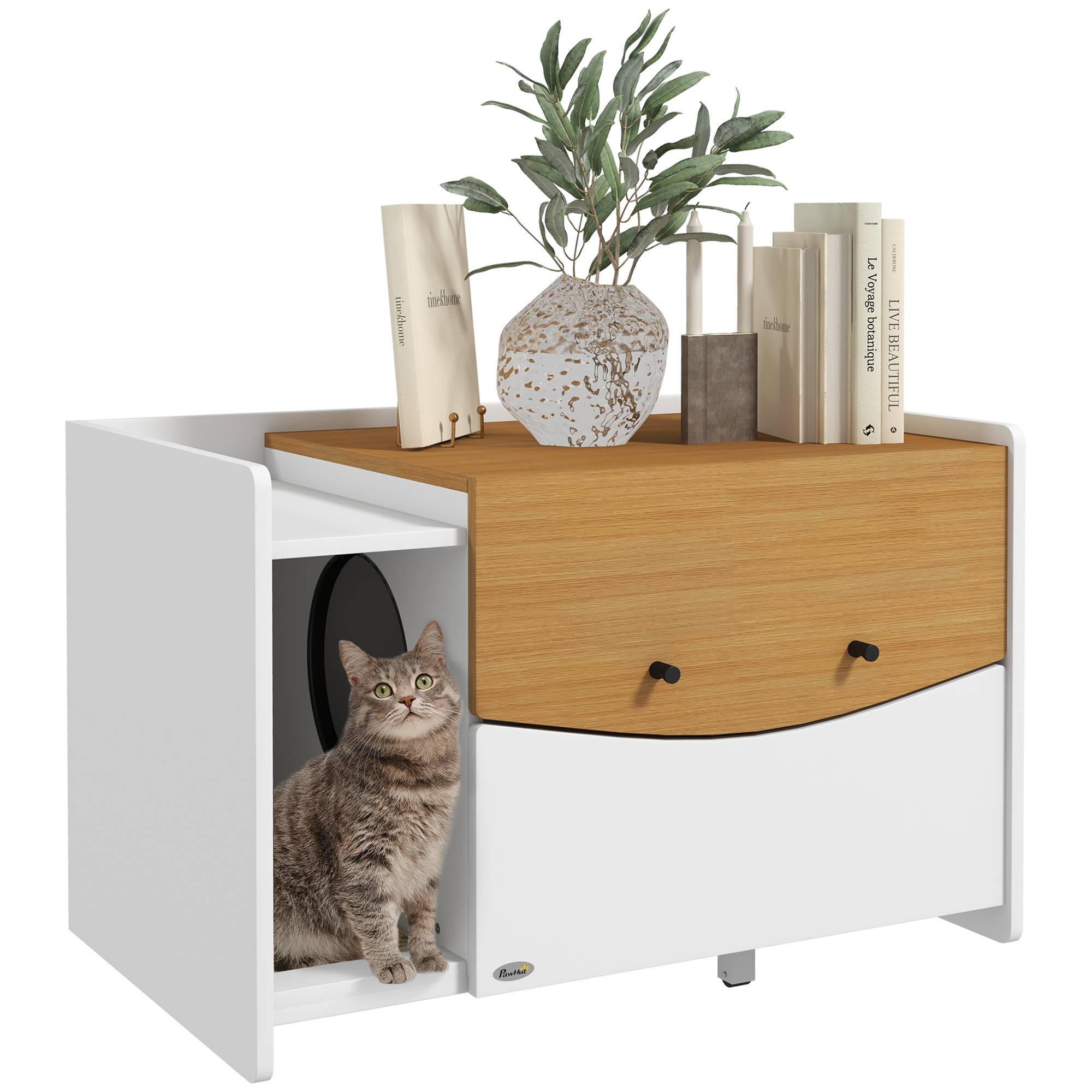 Meuble pour litière chat particules de bois blanc et chêne 78 x 50 x 51 cm - PANGIVO - Image 1