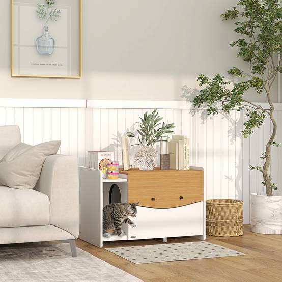 Meuble pour litière chat particules de bois blanc et chêne 78 x 50 x 51 cm - PANGIVO - Image 4