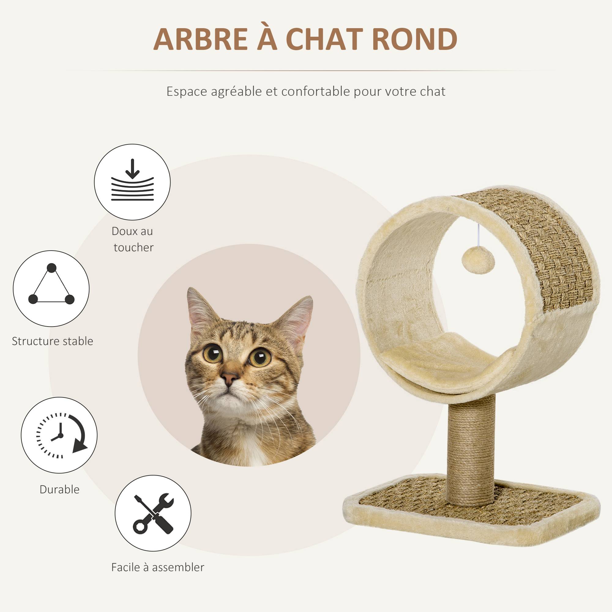 Pawhut - Arbre à chat rond style cosy chic griffoir grattoirs sisal jeu suspendu souris niche avec coussin cordes d'algues tressées peluche courte beige - Imagen 4