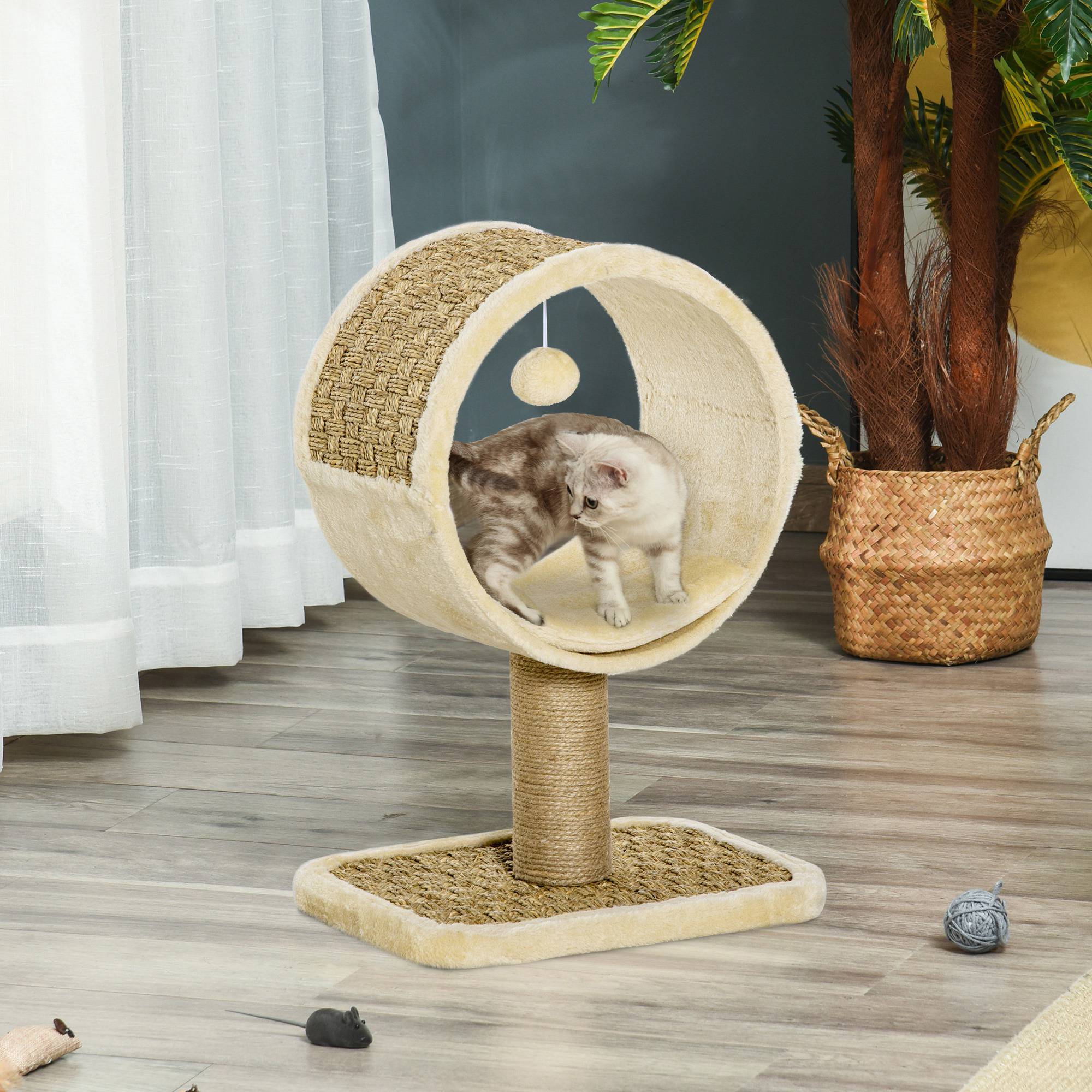 Pawhut - Arbre à chat rond style cosy chic griffoir grattoirs sisal jeu suspendu souris niche avec coussin cordes d'algues tressées peluche courte beige - Imagen 2