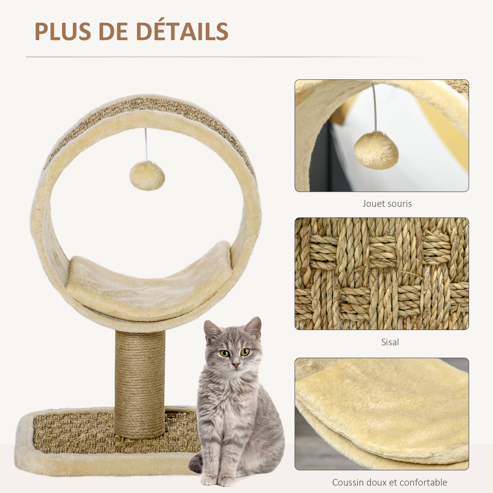 Pawhut - Arbre à chat rond style cosy chic griffoir grattoirs sisal jeu suspendu souris niche avec coussin cordes d'algues tressées peluche courte beige - Imagen 5