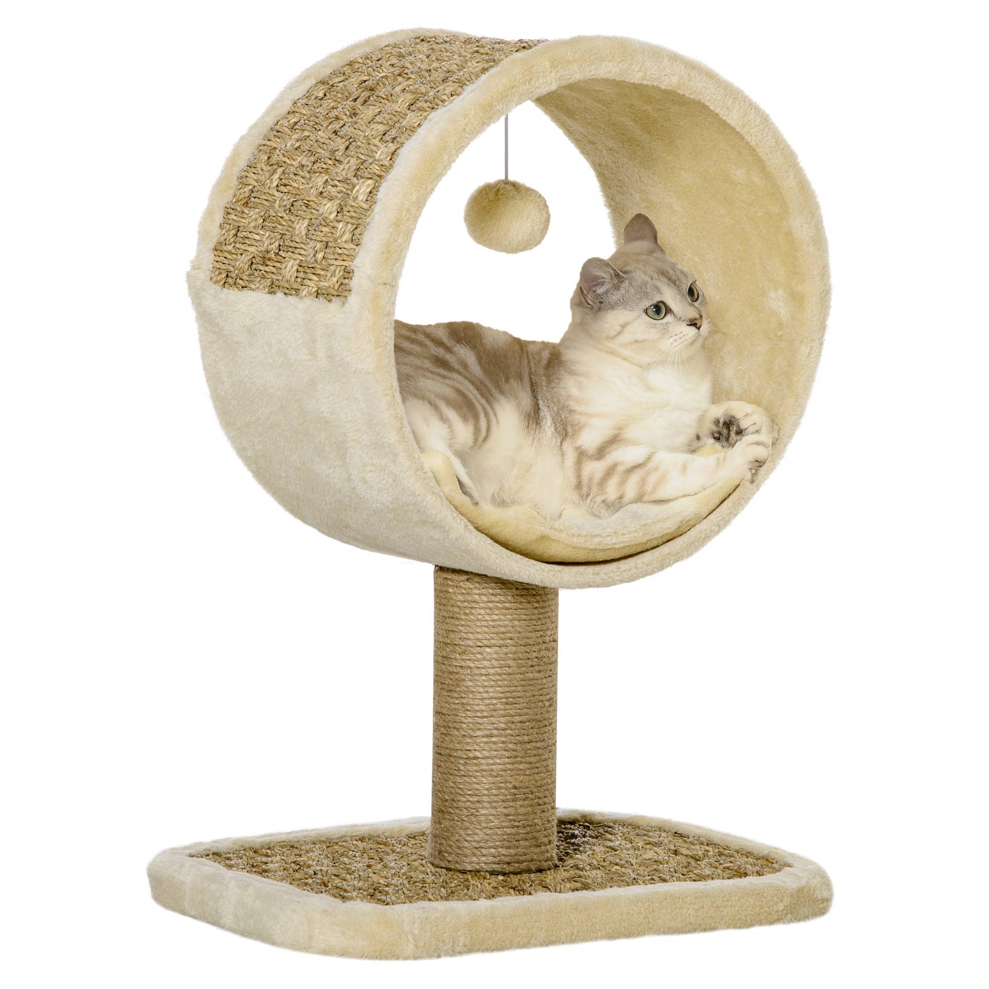 Pawhut - Arbre à chat rond style cosy chic griffoir grattoirs sisal jeu suspendu souris niche avec coussin cordes d'algues tressées peluche courte beige - Imagen 1