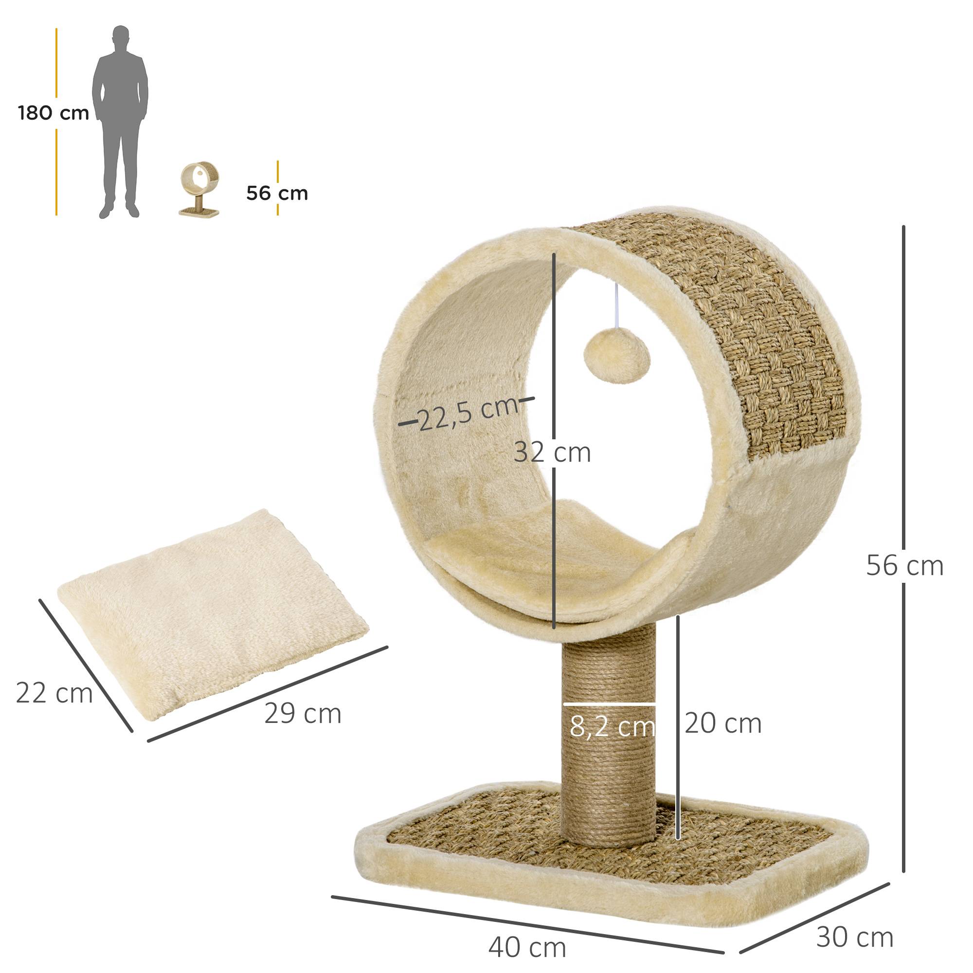 Pawhut - Arbre à chat rond style cosy chic griffoir grattoirs sisal jeu suspendu souris niche avec coussin cordes d'algues tressées peluche courte beige - Imagen 3