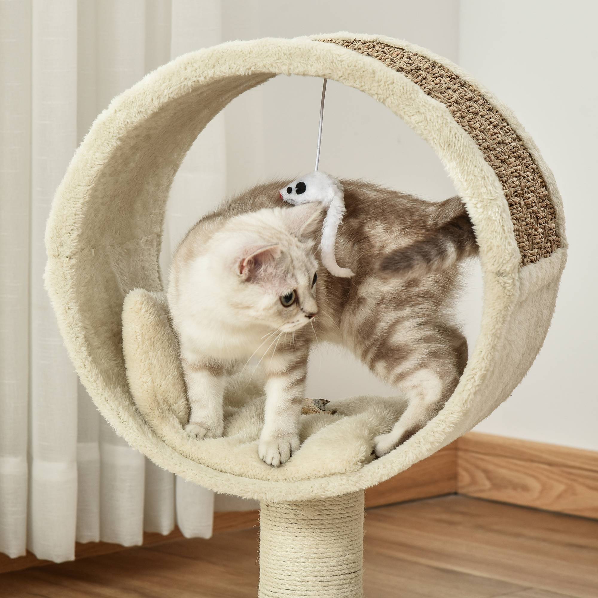 Pawhut - Arbre à chat rond style cosy chic griffoir grattoirs sisal jeu suspendu souris niche avec coussin cordes d'algues tressées peluche courte beige - Imagen 7