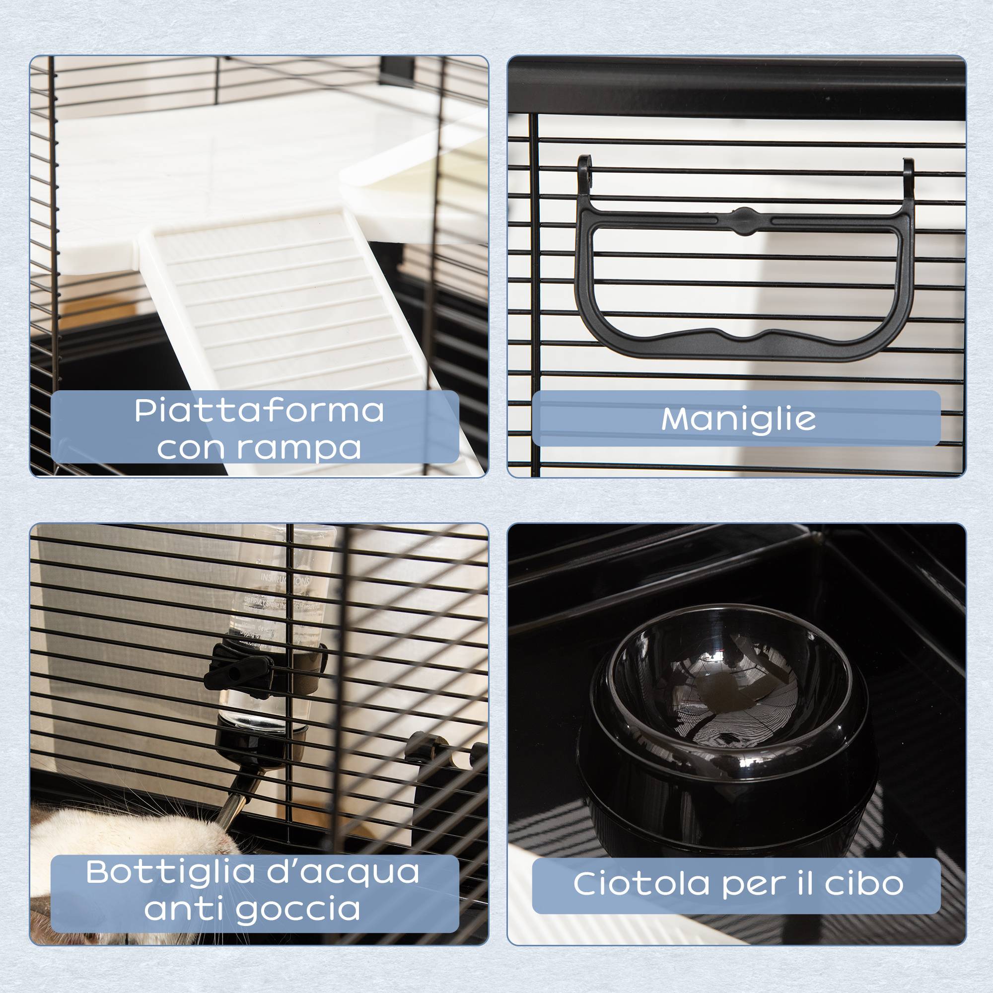Cage cochon d'inde en acier pour rongeurs avec accessoires complets 80x48x58cm noir - ComfortXL Outdoor Living - Image 7
