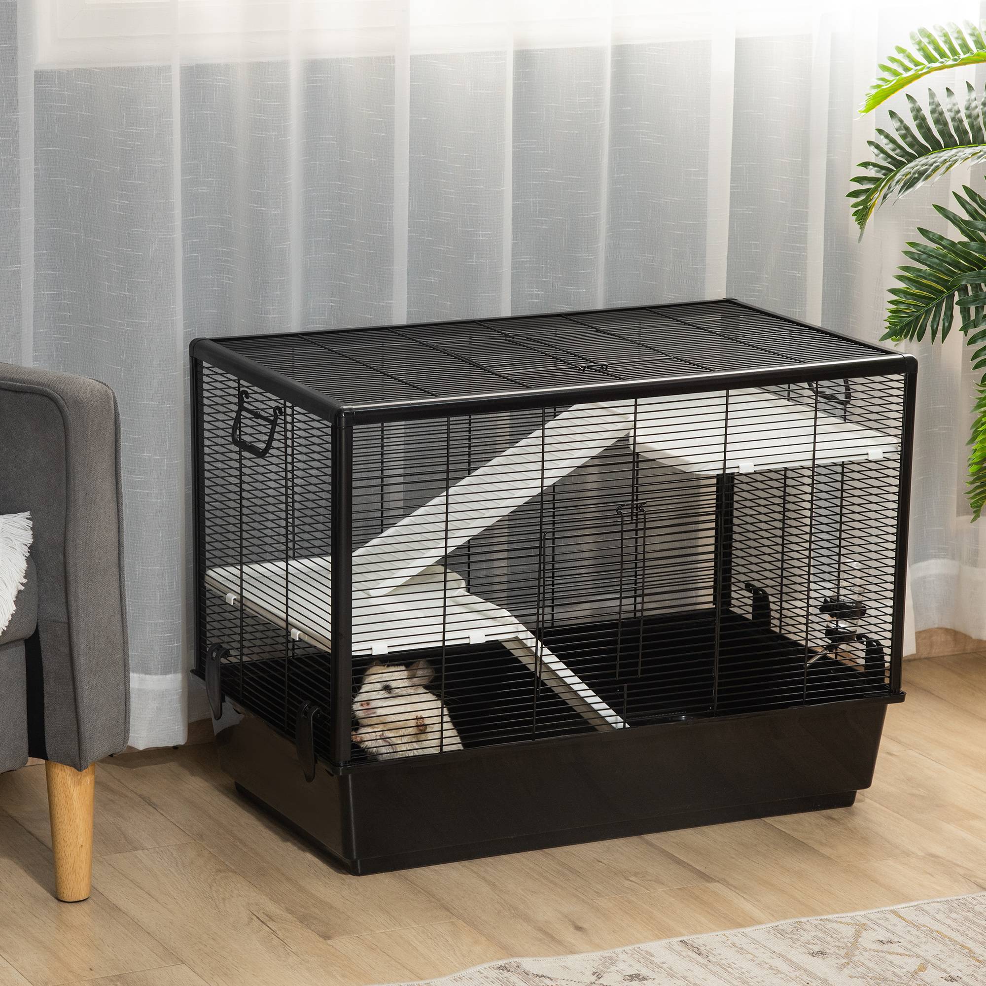 Cage cochon d'inde en acier pour rongeurs avec accessoires complets 80x48x58cm noir - ComfortXL Outdoor Living - Image 3