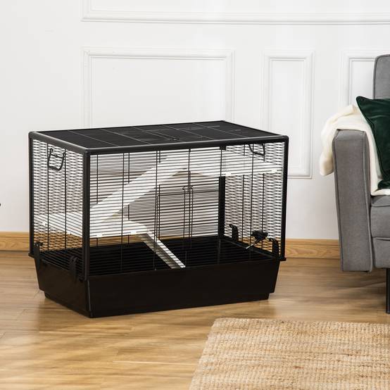 Cage cochon d'inde en acier pour rongeurs avec accessoires complets 80x48x58cm noir - ComfortXL Outdoor Living - Image 4
