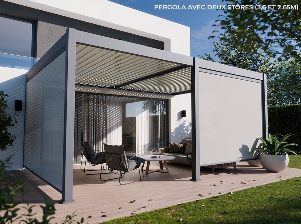 Pergola Bioclimatique Aluminium Adossée 19m² - 3,6x5,3 - Deux Stores Inclus  - Anthracite - 34 lames en Aluminium a 120 degrés - Imagen 1