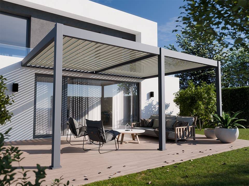 Pergola Bioclimatique Aluminium Adossée 19m² - 3,6x5,3 - Deux Stores Inclus  - Anthracite - 34 lames en Aluminium a 120 degrés - Imagen 2