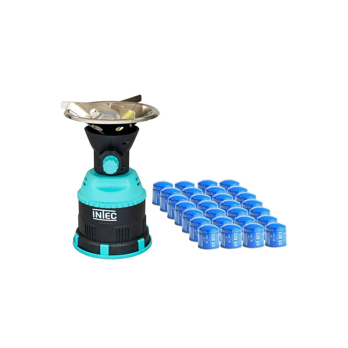 Rechaud gaz 1200W piezo Coque ABS + 28 Cartouches gaz 190 gr INTEC - Imagen 1