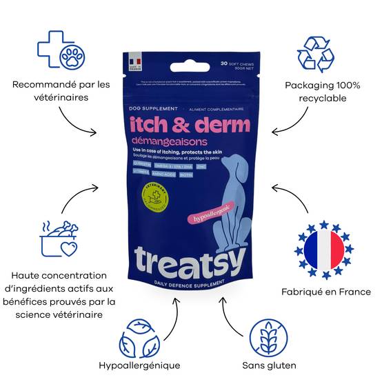 Complément Anti Démangeaisons pour chien - Apaise & soutient la peau & le poil - Quercétine, EPA, DHA, Zinc, Biotine, Vit E, Acides aminés - Treatsy - Image 4
