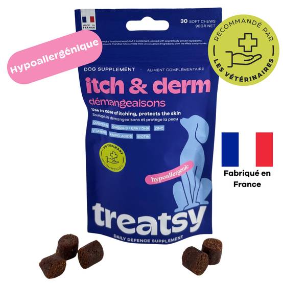 Complément Anti Démangeaisons pour chien - Apaise & soutient la peau & le poil - Quercétine, EPA, DHA, Zinc, Biotine, Vit E, Acides aminés - Treatsy - Image 2