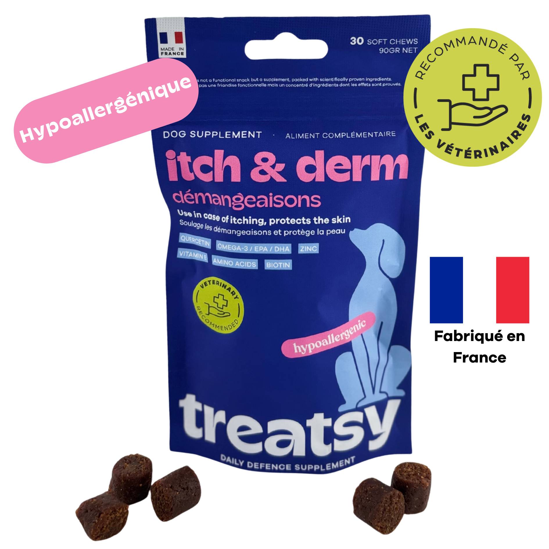 Complément Anti Démangeaisons pour chien - Apaise & soutient la peau & le poil - Quercétine, EPA, DHA, Zinc, Biotine, Vit E, Acides aminés - Treatsy - Image 2