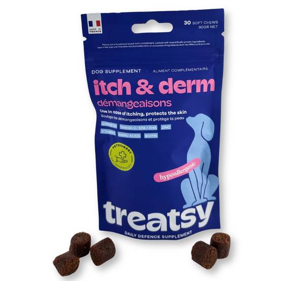 Complément Anti Démangeaisons pour chien - Apaise & soutient la peau & le poil - Quercétine, EPA, DHA, Zinc, Biotine, Vit E, Acides aminés - Treatsy - Image 1