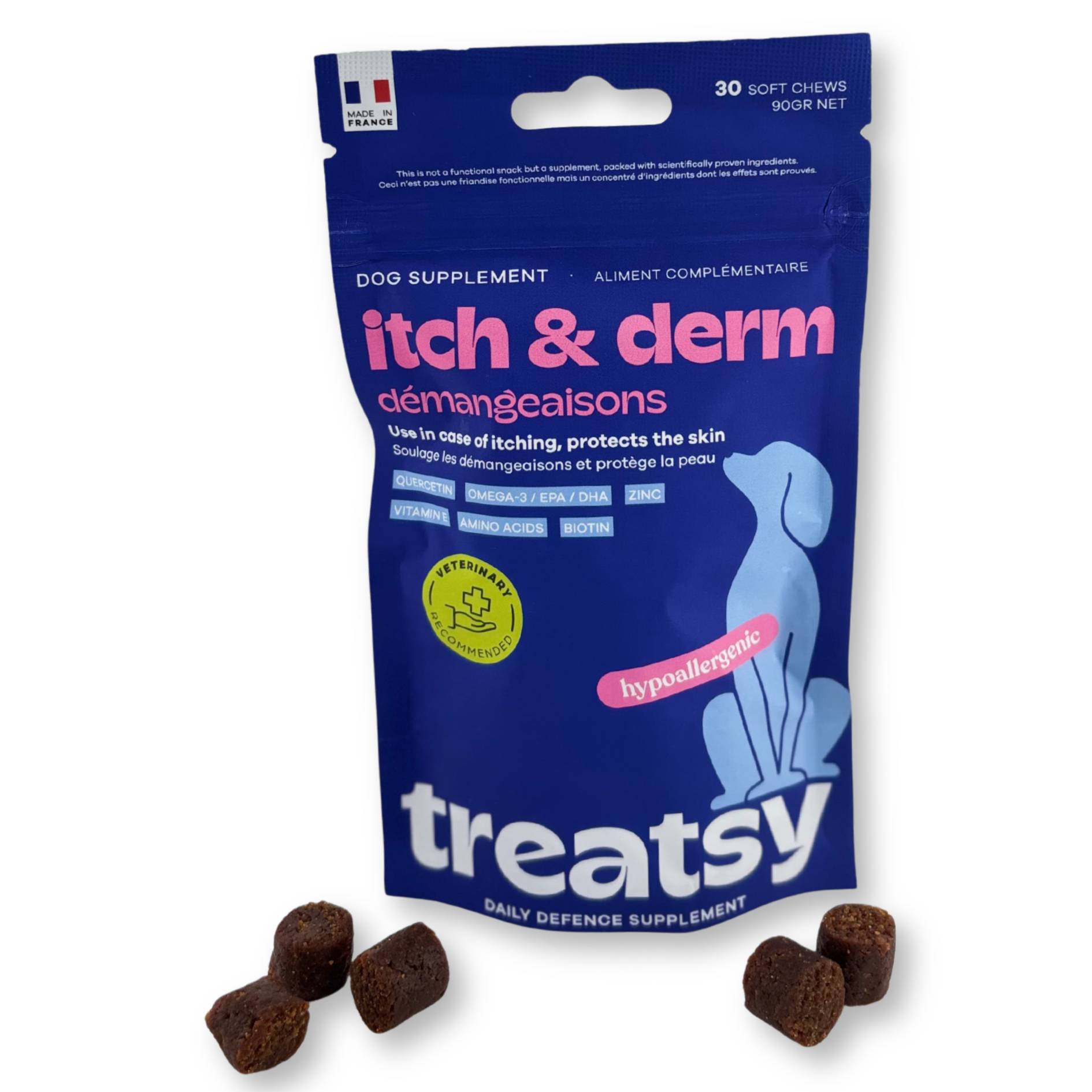 Complément Anti Démangeaisons pour chien - Apaise & soutient la peau & le poil - Quercétine, EPA, DHA, Zinc, Biotine, Vit E, Acides aminés - Treatsy - Image 1