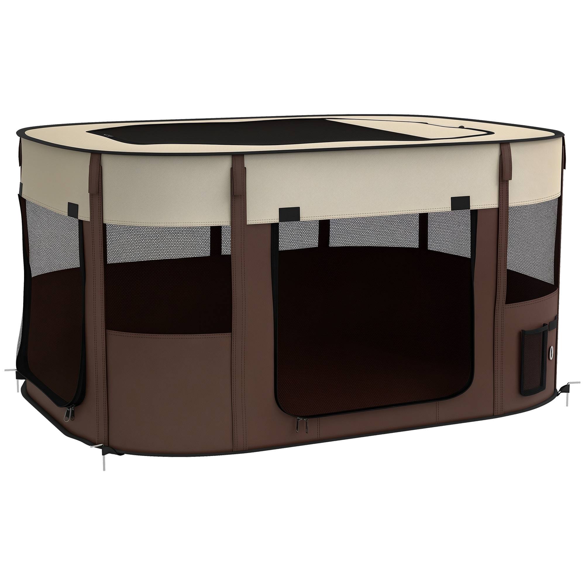 Parc pliable pour animaux de compagnie parc pour chiots en tissu Oxford avec fenêtres et portes sac de rangement marron