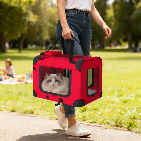 Sac de transport pliable pour chiens et chats (60 x 41,5 x 41 cm) avec fenêtres en filet, coussin moelleux et 2 poignées, rouge. - Image 4