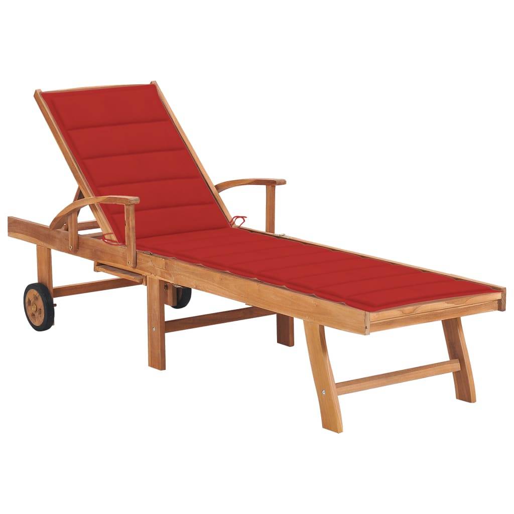 Helloshop26 - Transat chaise longue bain de soleil lit de jardin terrasse meuble d'extérieur avec coussin rouge bois de teck solide - Imagen 1