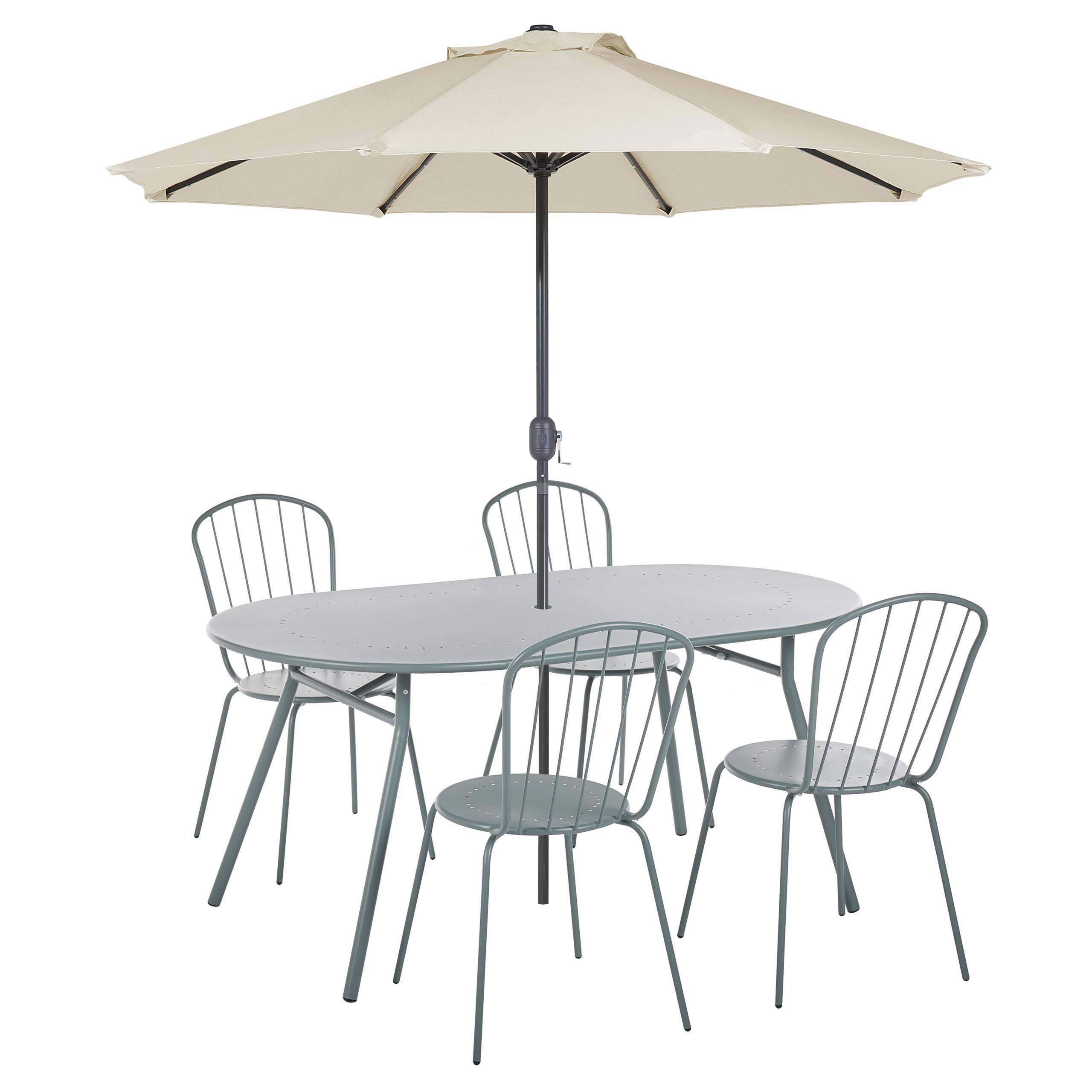 Beliani - Ensemble de Salle à Manger de Jardin Bleu en Acier Table Ovale avec 4 Chaises et Parasol (16 Variantes) Pour Repas Convivial en Extérieur - Imagen 1