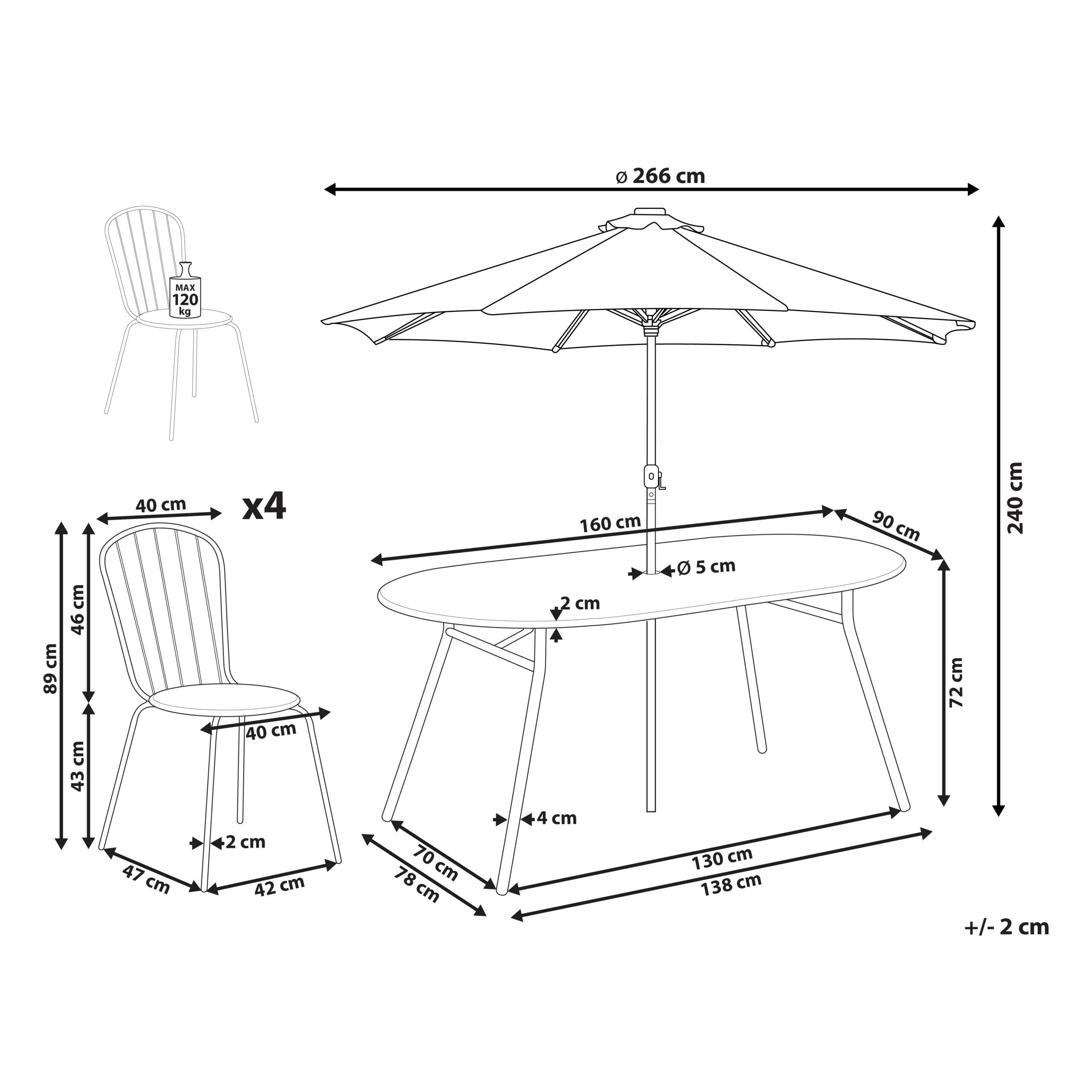 Beliani - Ensemble de Salle à Manger de Jardin Bleu en Acier Table Ovale avec 4 Chaises et Parasol (16 Variantes) Pour Repas Convivial en Extérieur - Imagen 3