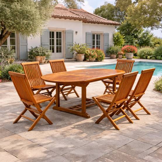 Salon de jardin Teck huilé 6 personnes - Table ovale + 6 chaises LUBOK - Image 2