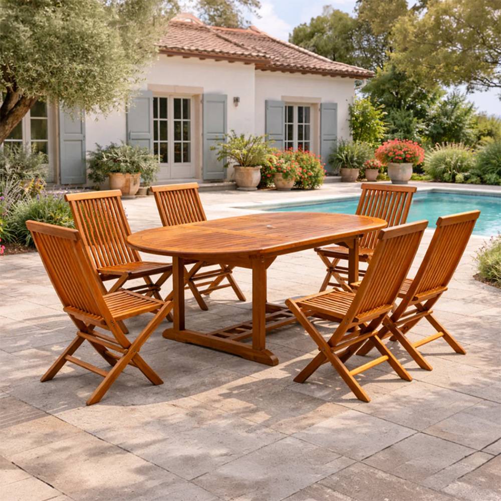 Salon de jardin Teck huilé 6 personnes - Table ovale + 6 chaises LUBOK - Image 2