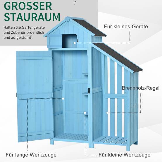 ComfortXL - Abri de jardin bois de sapin 130 x 54,5 x 180 cm bleu ciel avec rangement bûches 3 étagères toit bitumé - Image 4