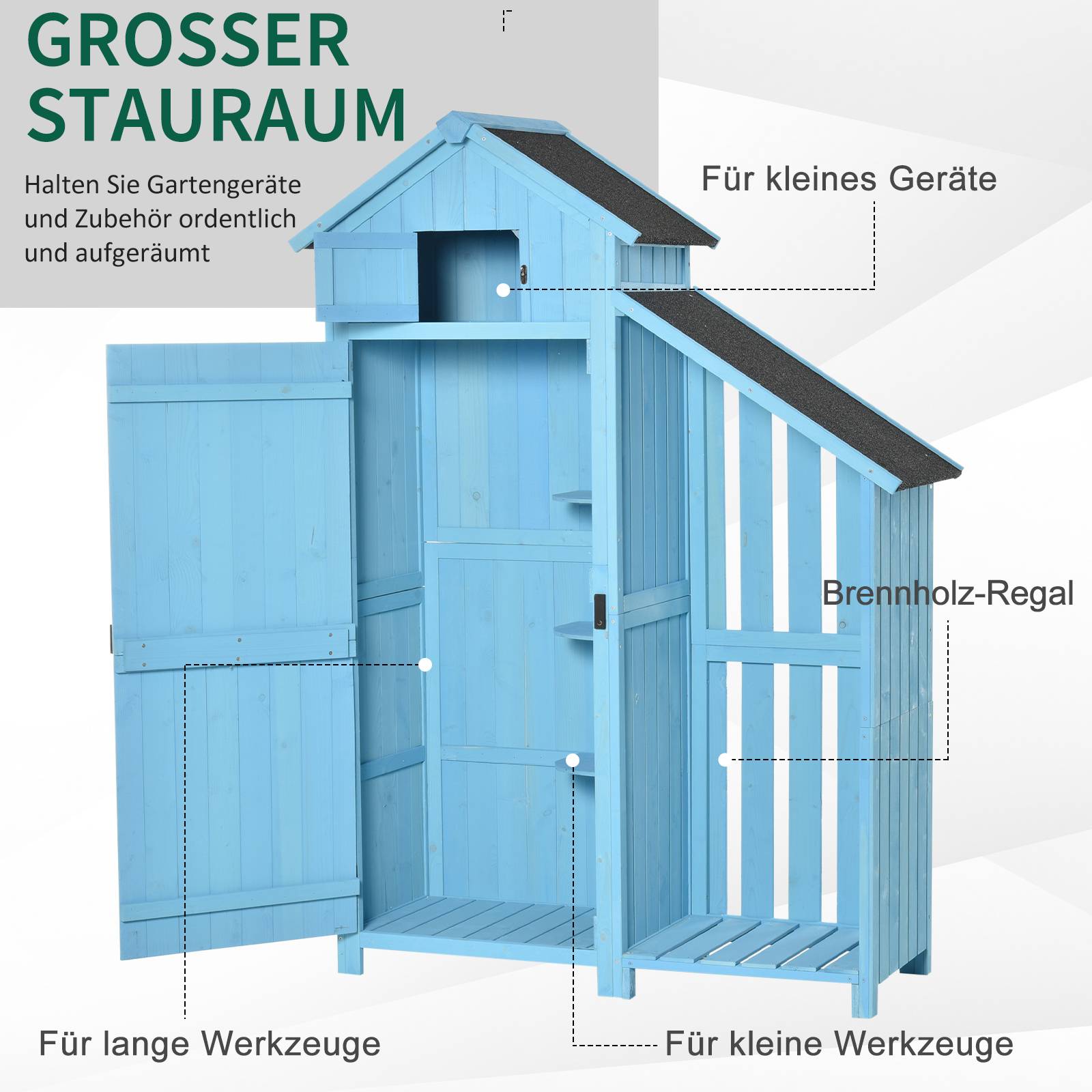 ComfortXL - Abri de jardin bois de sapin 130 x 54,5 x 180 cm bleu ciel avec rangement bûches 3 étagères toit bitumé - Image 4