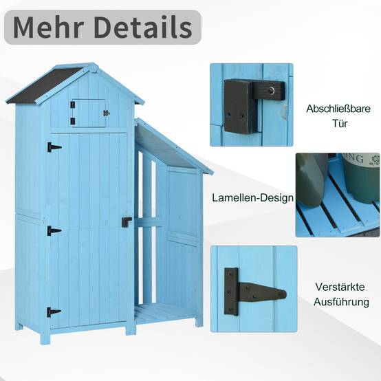 ComfortXL - Abri de jardin bois de sapin 130 x 54,5 x 180 cm bleu ciel avec rangement bûches 3 étagères toit bitumé - Image 7