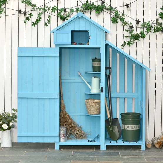ComfortXL - Abri de jardin bois de sapin 130 x 54,5 x 180 cm bleu ciel avec rangement bûches 3 étagères toit bitumé - Image 1