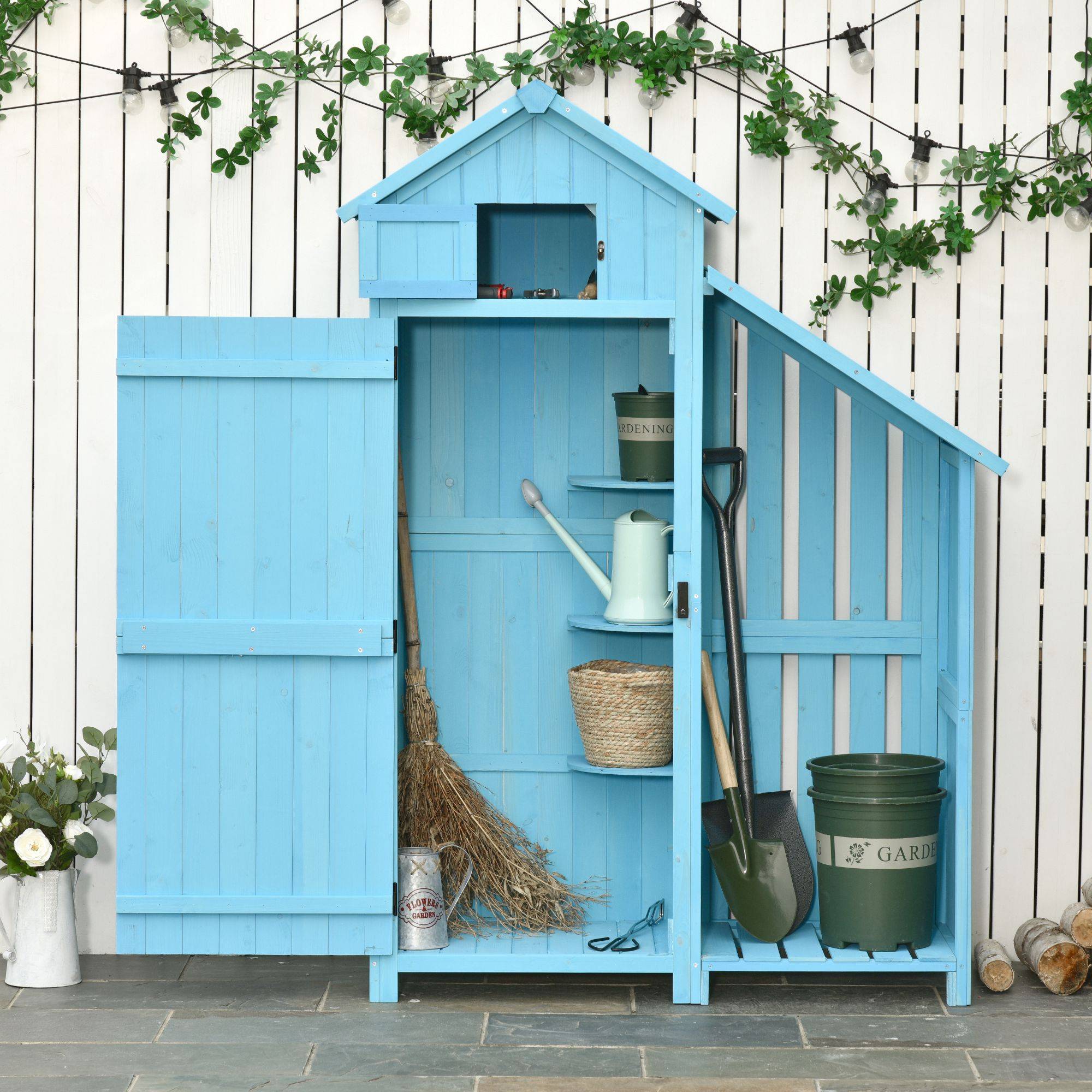 ComfortXL - Abri de jardin bois de sapin 130 x 54,5 x 180 cm bleu ciel avec rangement bûches 3 étagères toit bitumé - Image 1