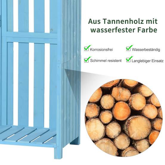 ComfortXL - Abri de jardin bois de sapin 130 x 54,5 x 180 cm bleu ciel avec rangement bûches 3 étagères toit bitumé - Image 6