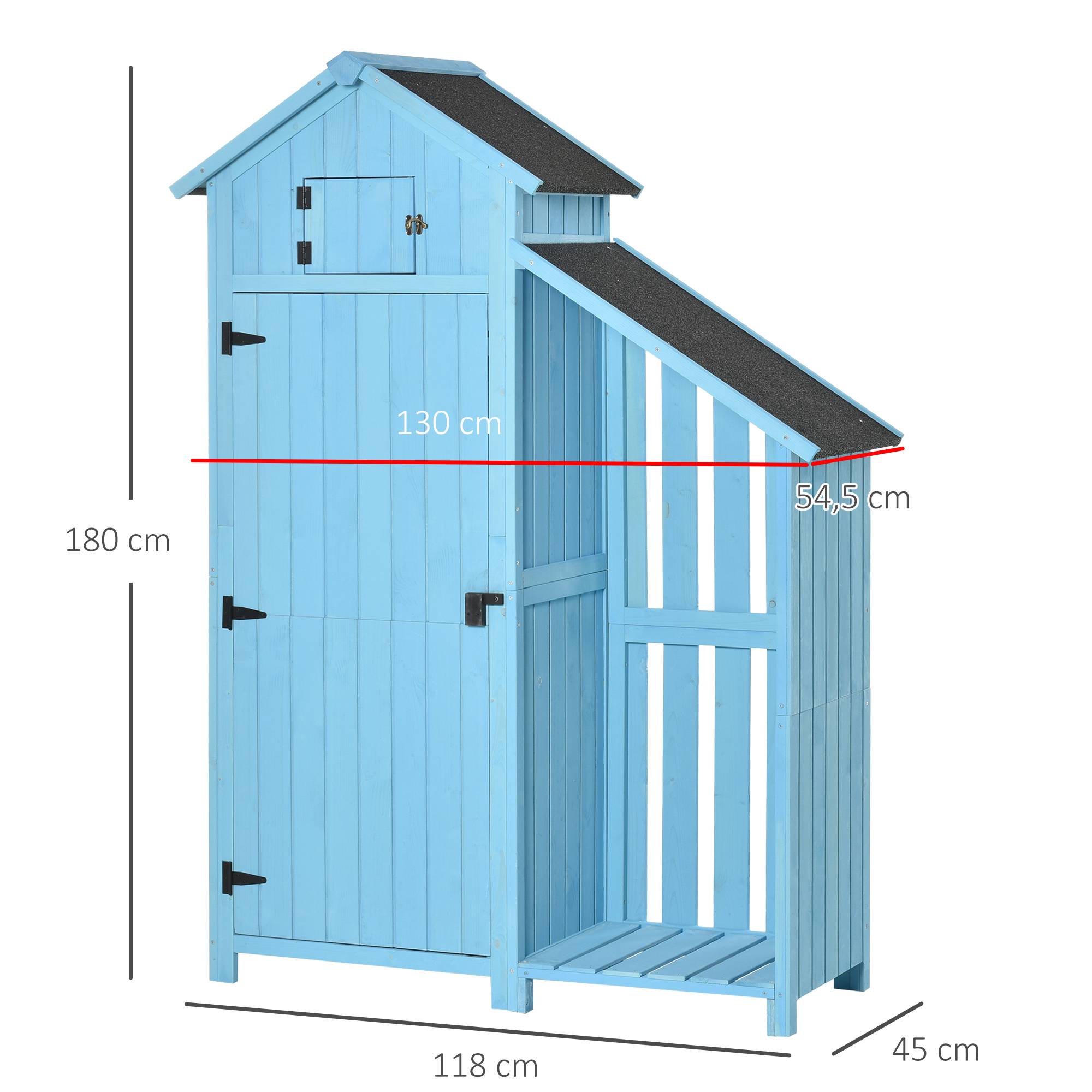 ComfortXL - Abri de jardin bois de sapin 130 x 54,5 x 180 cm bleu ciel avec rangement bûches 3 étagères toit bitumé - Image 3