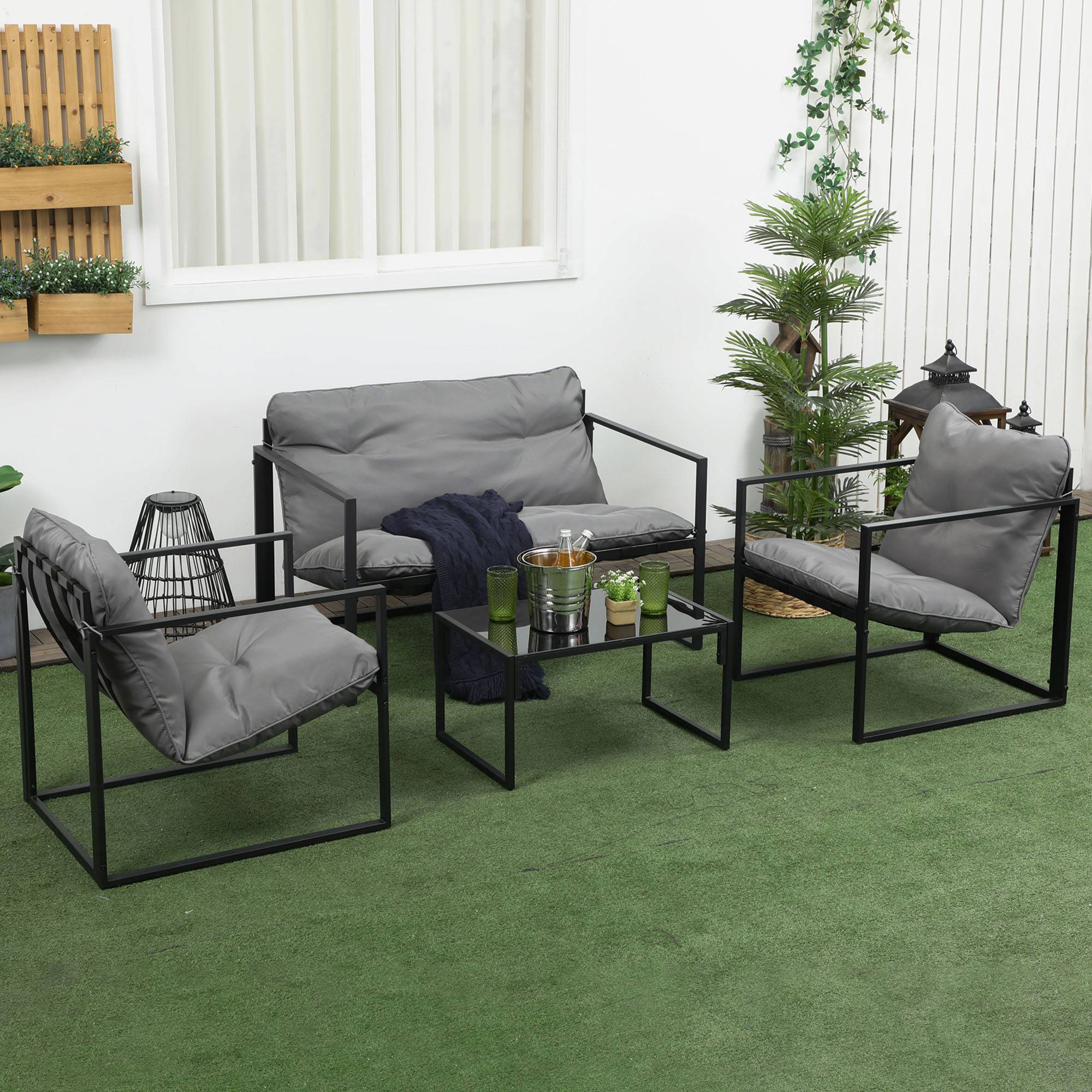 Outsunny - Salon de jardin 4 personnes - 4 pièces, 3 coussins - acier époxy noir polyester gris - Outsunny - Imagen 4
