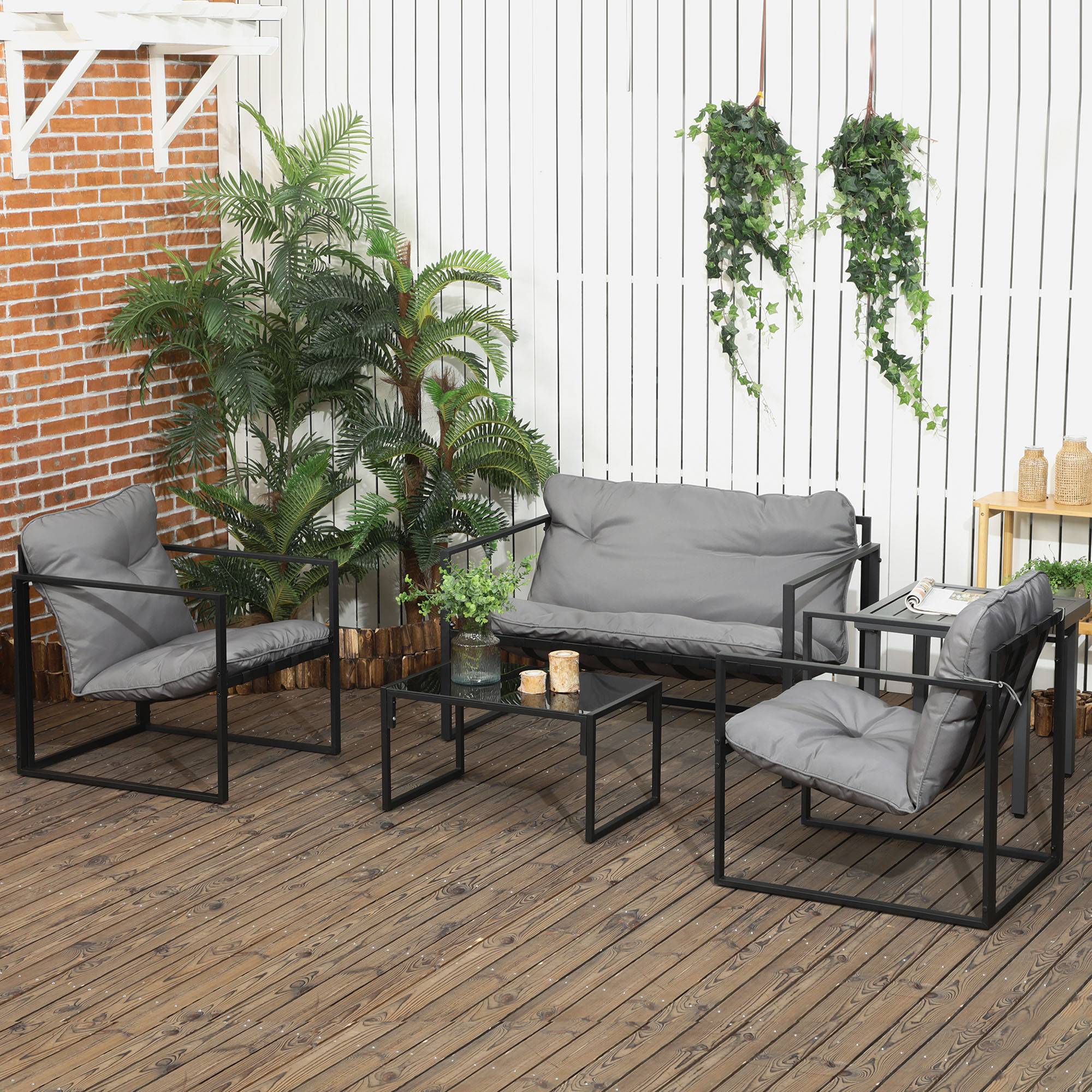 Outsunny - Salon de jardin 4 personnes - 4 pièces, 3 coussins - acier époxy noir polyester gris - Outsunny - Imagen 2
