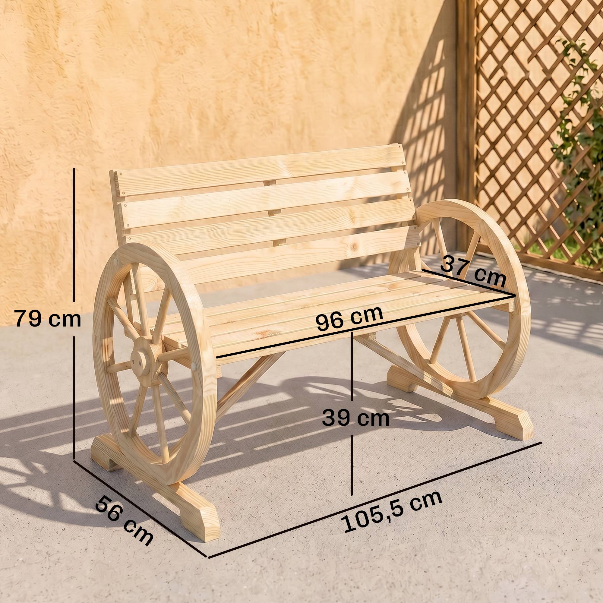 Sans Marque - Banc Jardin 3 places bois Style Rustique Chic accoudoirs Roues Charette Bois Sapin effet bois naturel - Image 5