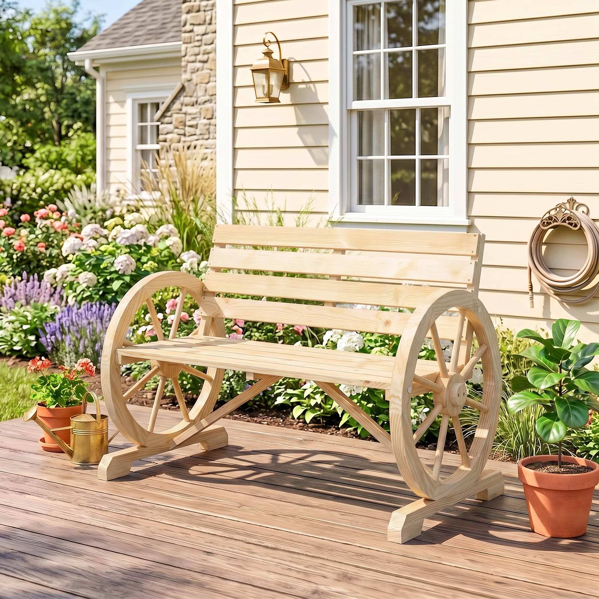 Sans Marque - Banc Jardin 3 places bois Style Rustique Chic accoudoirs Roues Charette Bois Sapin effet bois naturel - Image 4