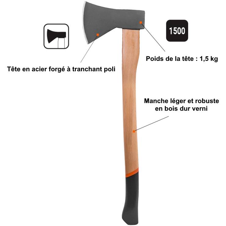 Gt Garden - Hache avec manche en bois - 1,5 kg - GT GARDEN - Imagen 2