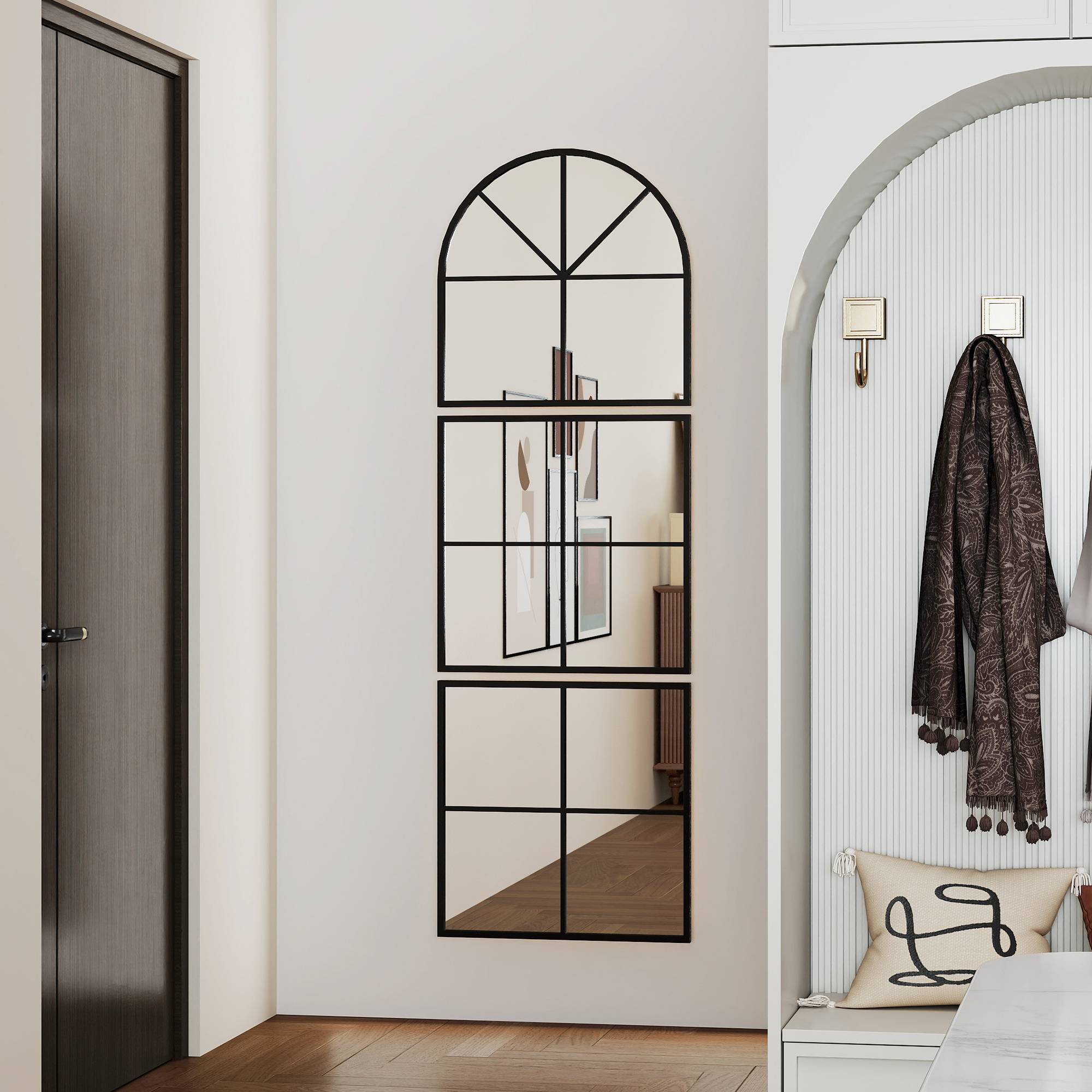 Sans Marque - Miroir mural trois parties arqué cadre métal décoratif 60x2x180 cm noir - Image 4
