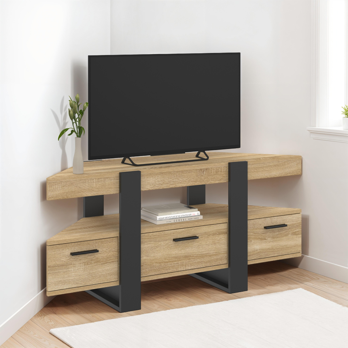 Meuble TV 110 cm d'angle PHOENIX avec tiroir bois et noir - Image 1