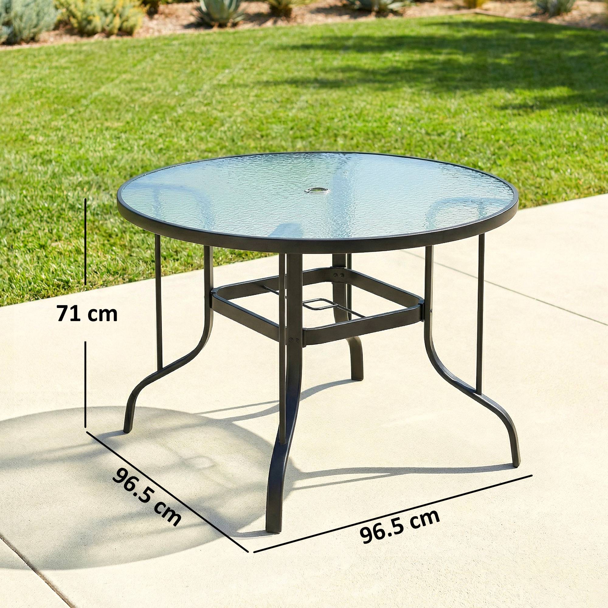 Sans Marque - Table de jardin ronde avec trou pour parasol, métal et verre trempé, Ø96,5 x 71 cm, noire - Image 5