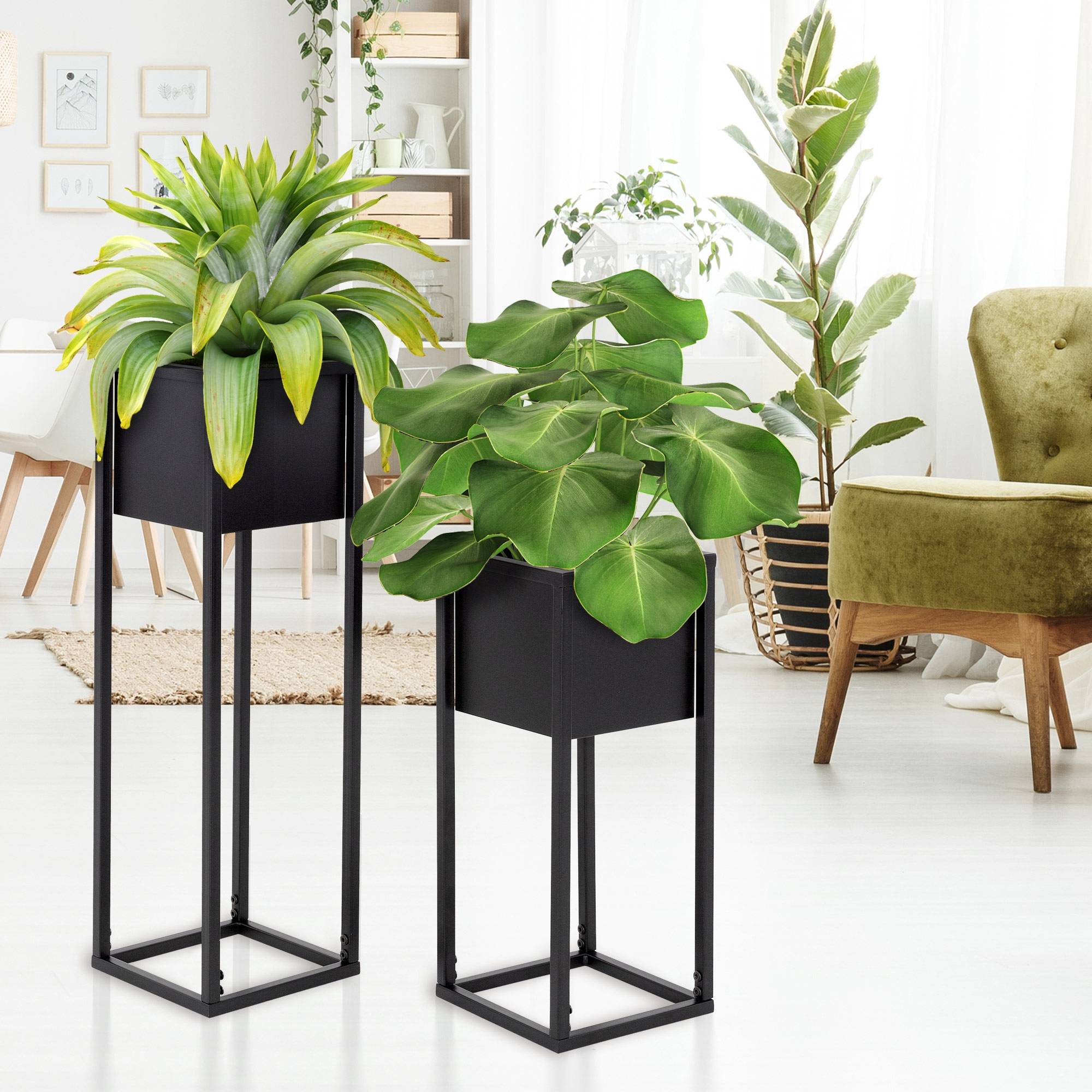 Ml-Design - Set 2x supports plantes surélevé pots noir jardinière carré métal 21x50/70x21cm - Imagen 1