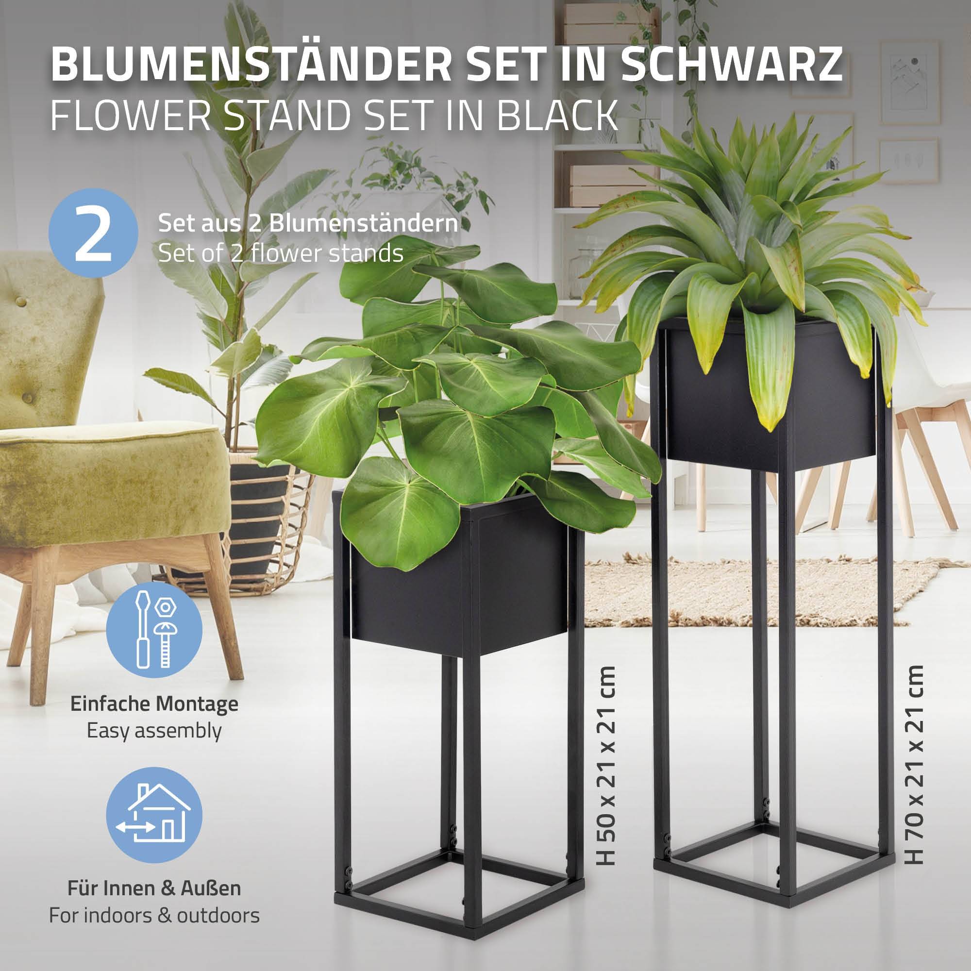 Ml-Design - Set 2x supports plantes surélevé pots noir jardinière carré métal 21x50/70x21cm - Imagen 2