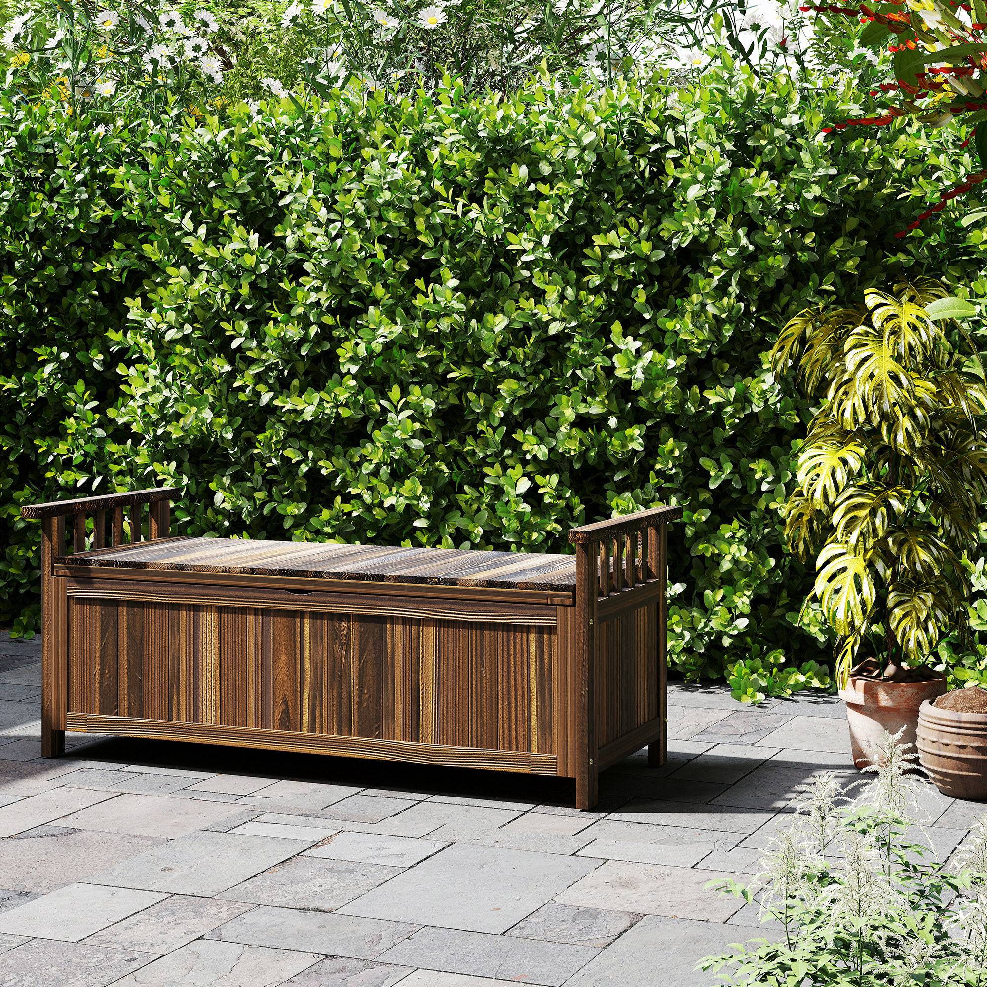 Sans Marque - Banc jardin 2 places bois intempéries rangement accoudoirs 128,5x52x53,5 cm carbonisée - Image 4